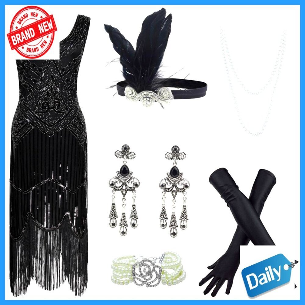 1920s Sequin Flapper Cocktail Dress with Accessories Set